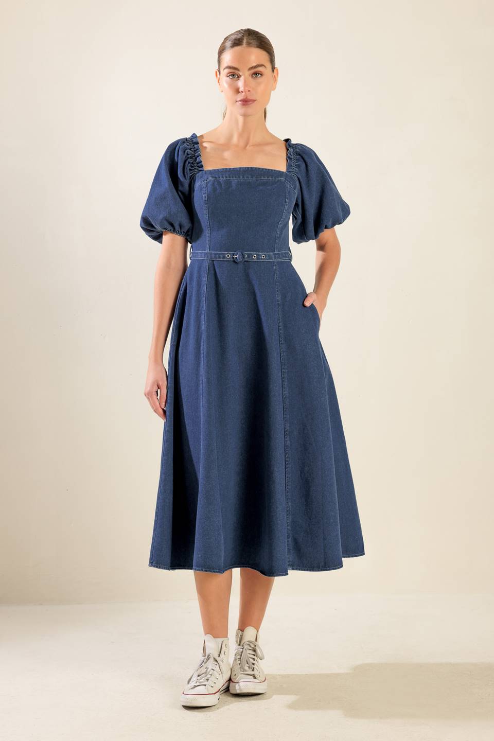 ALL SPRUCED UP DENIM MIDI DRESS Flying Tomato